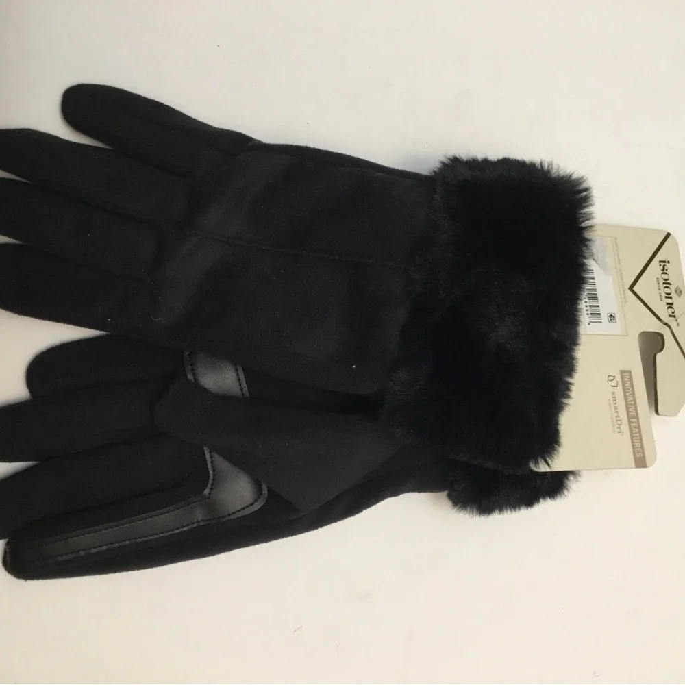 Isotoner Women's Luxurious Black Fur-Trimmed Gloves - Picture 3 of 7